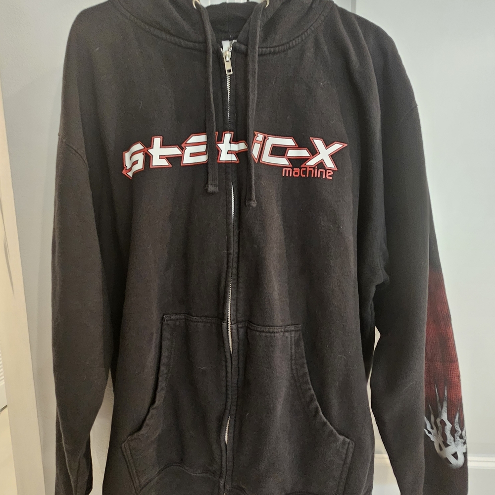 Black Zip Hoodie with Red Chest Logo and Sleeve Detail